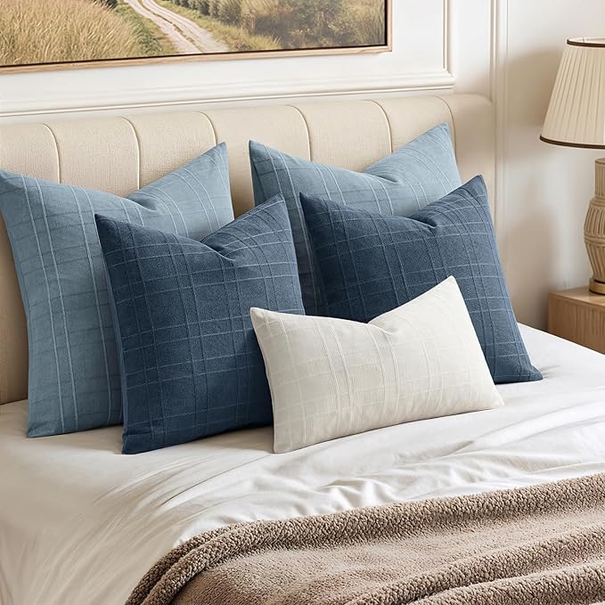 MIULEE Decorative Linen Check Throw Pillow Covers Neutral Farmhouse Vintage Pillow Covers 20x20 Set of 2 Boho Modern Home Decor for Sofa Couch Bedroom Cushion Deep Blue