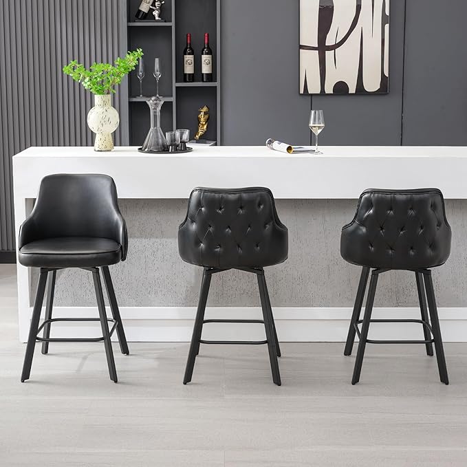 Bar Stools Set of 3, 26" Swivel Counter Height Bar Stools with High Back, Faux Leather Kitchen Barstools Counter Height for Kitchen Island (Black, 3PCS 26" Counter Stools)