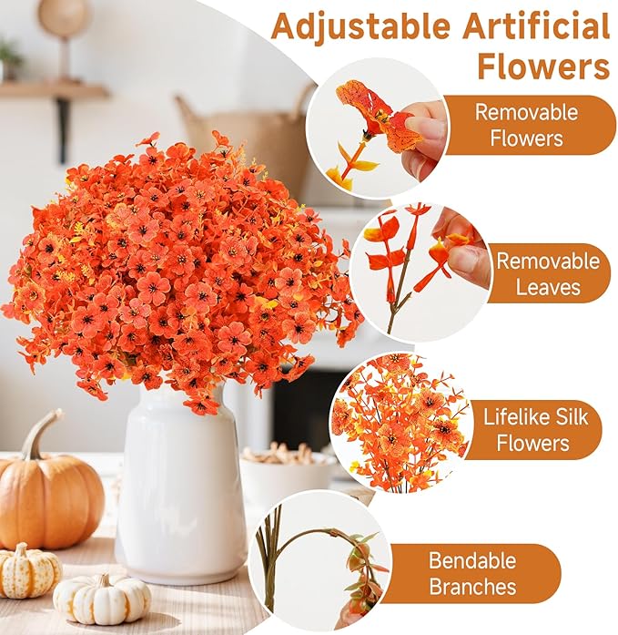 SHareconn 48 Bundles Artificial Fall Flowers for Outdoors Decoration,UV Resistant Silk Eucalyptus Lavender Faux Autumn Fake Plants for Outside Indoor Garden Yard Porch Home Decor,SunsetRedAutumnColour