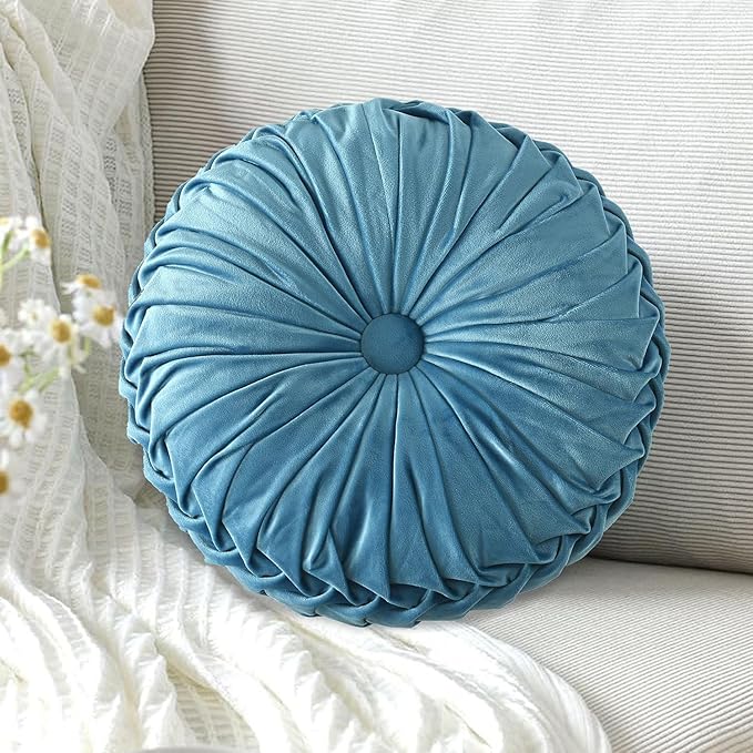 HIG Set of 2 Dusty Blue Ruched Velvet Round Throw Pillows – 14.5’’ Decorative Pillows with Soft Polyester Filling for Couch, Bed, Living Room, Bedroom, or Dorm – Handmade, Stress Relieving, All-Season