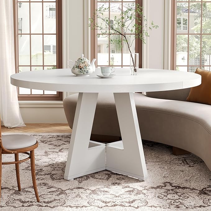 LITTLE TREE Round Dining Table for 4-6 People, 47 Inches White Circle Dinner Kitchen Dining Room Table with Wooden Pedestal Base for Kitchen, Living Room