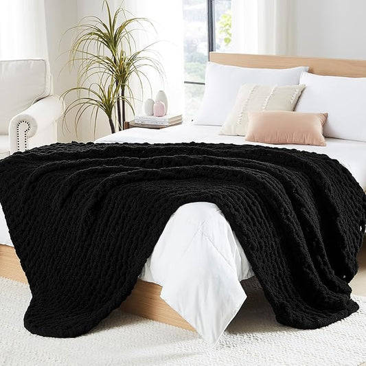 L'AGRATY Chunky Knit Blanket Throw: 72''x84'' Chenille Chunky Knitted Throw Blanket for Bed Couch - Handmade Thick Big Cable Knit Blanket - Large Chunky Crochet Rope Blanket for Home Decor(Black)