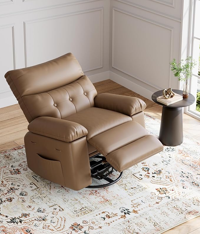 GarveeHome Oversized Rocker Swivel Recliner Chair - PU Leather Extra Wide Manual Recliner for Adults, Large Lazy Chair with 1.5X Sponge Comfort Arm and Back for Living Room, Bedroom