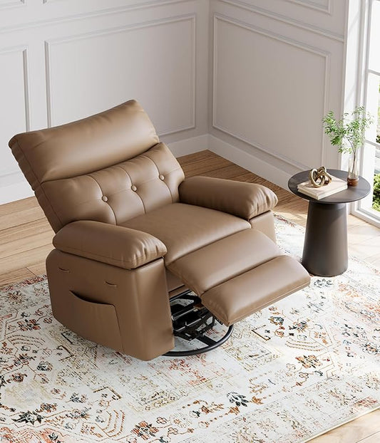 GarveeHome Oversized Rocker Swivel Recliner Chair - PU Leather Extra Wide Manual Recliner for Adults, Large Lazy Chair with 1.5X Sponge Comfort Arm and Back for Living Room, Bedroom