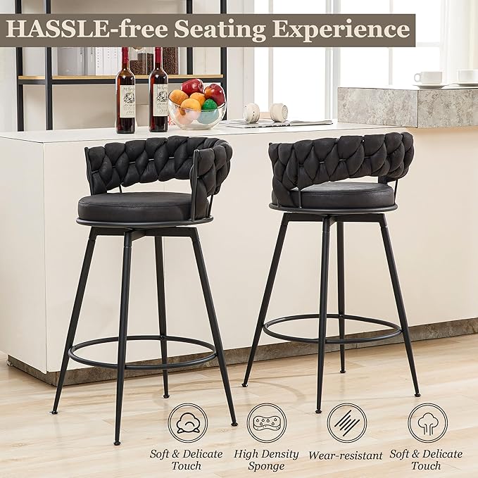Swivel Black Bar Stools Set of 4, 28 Inches Modern Counter Height Bar Stools with Woven Back, Upholstered Suede Tall Barstools for Kitchen Island, Cafe