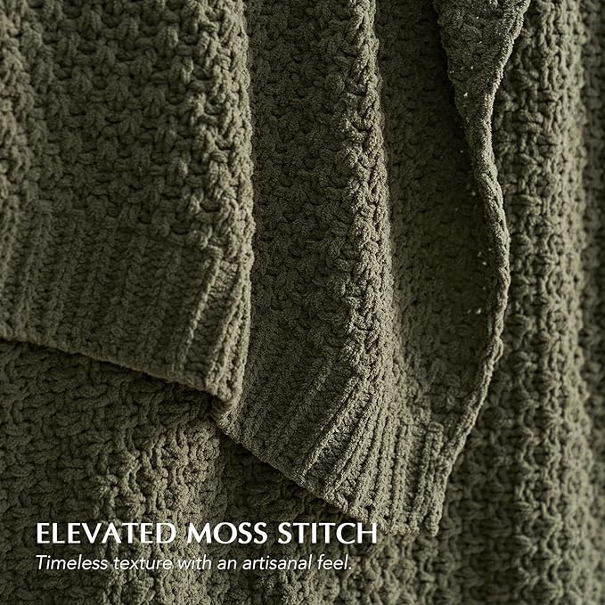 EVERGRACEHOME Chunky Chenille Knit Throw Blanket for Couch, Soft Luxurious Oversized King Moss Stitch Blanket for Bed, Large Cozy Farmhouse Knitted Throw for Sofa, Olive Green, 92" x 108"