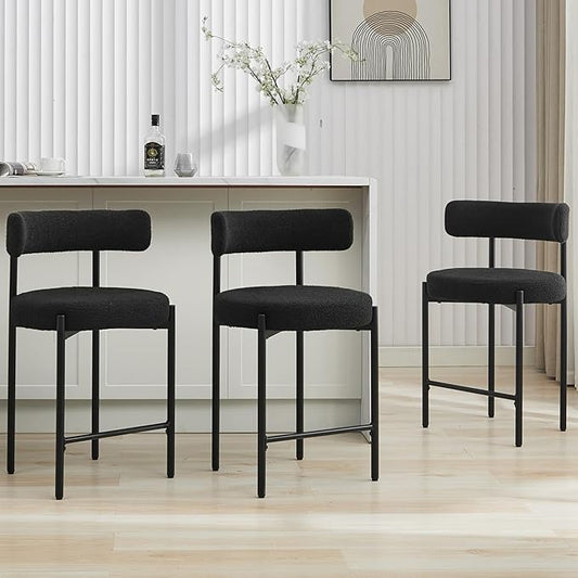 24'' Boucle Bar Stools Set of 3, Black Bar Stools with Backs, Counter Height Bar Height Stools for Kitchen Island, Upholstered Bar Chairs