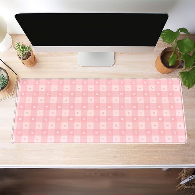 Pink Minimalist Gingham Floral Desk Mat Gaming Mouse Pad Large Cute Pastel Desk Pad Deskmat Kawaii, Women Office Desk Cover Mat, Laptop Computer Keyboard Mat Mousepad Desk Accessories 31.5"x11.8"
