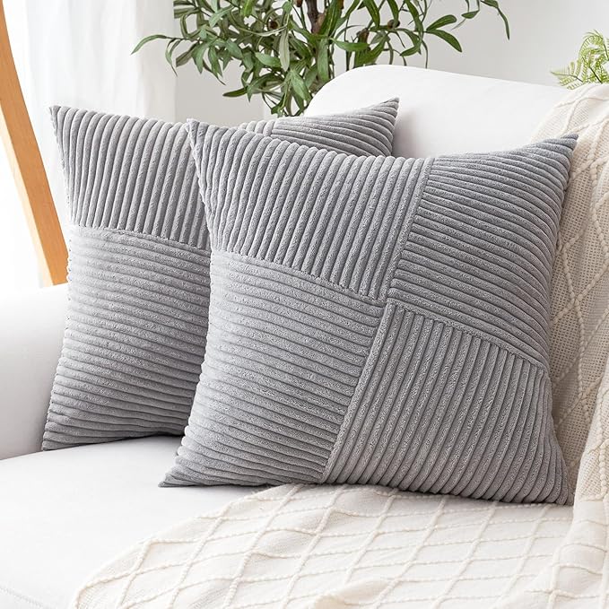 Decorative Throw Pillow Covers 20x20 Inch Set of 2 for Boho Living Room Farmhouse Home Decor, Spring Pillow Covers for Couch Bed, Soft Corduroy Striped Patchwork Cushion Cases, Light Gray