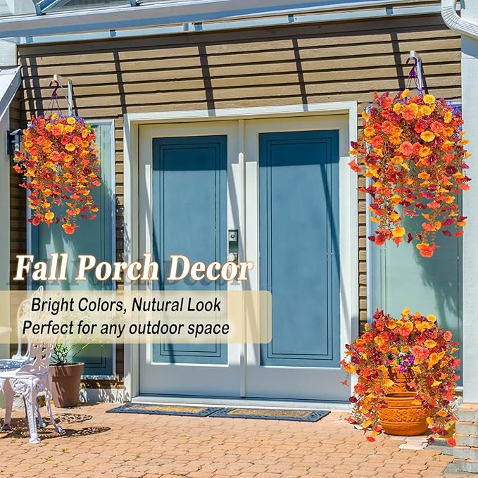 Artificial Mums for Outdoors, 4 pcs Fall Faux Flowers for Outdoor Planters, Fake Mums with Eucalyptus Leaves for Yard Patio Lawn Garden, Fall Porch Decor, Autumn Morning Glory Silk Flowers