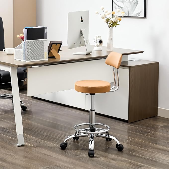Ergonomic Desk Stool(Sturdy Rolling Stool with Back)(Swivel Armless Office Chair 19.5"-26.6") Adjustable Footrest Salon Chair (Camel Brown)
