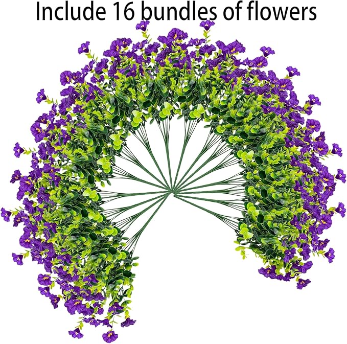 Artificial Outdoor Flowers 16 Bundles Fake Morning Glory Flower Outdoor UV Resistant Plastic Faux Flowers Plants for Decoration Indoor Outdoor Hanging Window Box Planter Home Porch Decor (Purple)