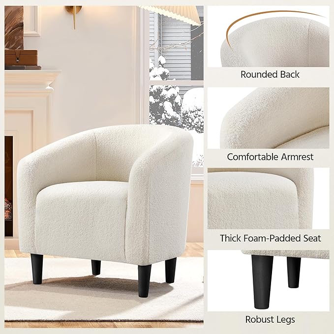Yaheetech Accent Barrel Chair, Boucle Fabric Club Chair, Furry Sherpa Elegant Armchair with Cozy Soft Padded, Suitable for Living Room Bedroom Reception Room Office, Ivory