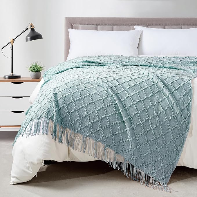 BOURINA Aqua Throw Blanket 50 x70 Inches Jacquard Argyle Throw Textured Solid Soft Throws and Blankets for Sofa or Bed Knitted Decorative Blanket