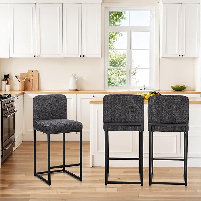 ALPHA HOME 24" Bar Stools Set of 2 Kitchen Counter Stools with Back, Counter Height Stools with Upholstered Footrest for Kitchen Island, Metal Steel Frame, Chenille, Darkgray
