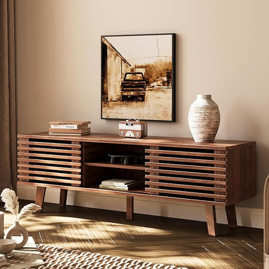 Mid-Century Modern TV Stand for 50/55/60 inch TV, Retro Entertainment Center with Storage Cabinet & Sliding Door, TV Stand for Living Room, Bedroom