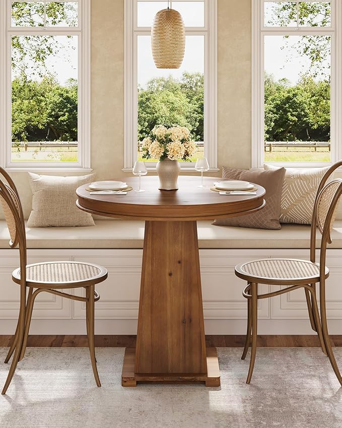 LITTLE TREE Solid Wood Round Dining Table, 31.5" Small Kitchen Table for 2, Modern Farmhouse Dinner Table for Dining Room, Kitchen, Living Room, Artistic Geometric Base (Rustic Brown)