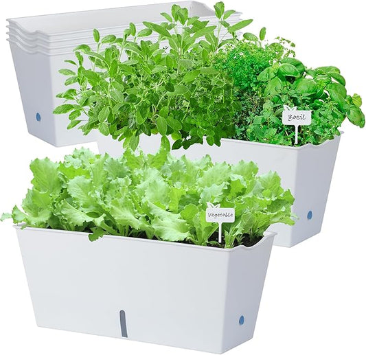 Window Box Planter 6 Pcs, 16.5 Inches Self Watering Rectangle Flower Plant Pots with Drainage Holes Trays, Vegetable Planters for Windowsill Patio Garden Balcony Porch Yard (White)