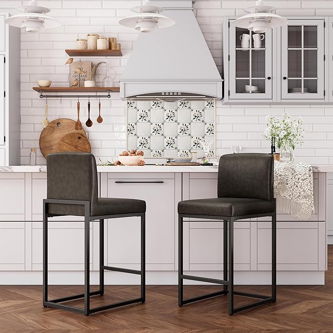 ALPHA HOME 24 Inch Bar Stools Set of 2 Kitchen Counter Stools with Back Pu Leather Counter Chair Counter Height Bar Stools with Upholstered Footrest Sturdy Chromed Metal Steel Frame, Grey