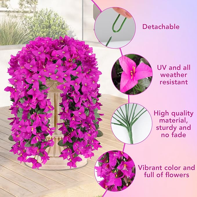 Artificial Bougainvillea Flowers for Outdoor Plant,2 pcs Faux Hanging Flowers Bougainvillea for Outside Decoration,Fake Silk UV Resistant Vines for Front Door Porch(Fuchsia)