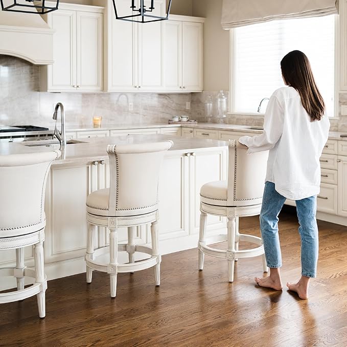 Maven Lane Pullman Counter Stool 26 Inches – Set of 4 – Swivel Stools with Footrest – Cream Solid Wood Frame & Natural Fabric Upholstery – Perfect for Kitchen Islands & Counters