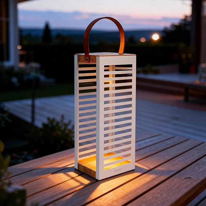 Solar Lantern with Handle - Outdoor Metal Solar Light (7.87×19.69"), Waterproof & Rustproof, 8H Auto-On Warm White Light, Portable for Patio, Porch, Balcony & Garden Decor (White - 1 Pack)
