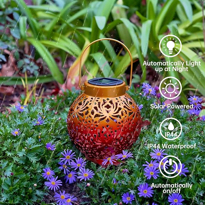 Outdoor Solar Hanging Lantern Lights Metal LED Decorative Lamp for Garden Patio Courtyard Lawn and Table with Hollowed-Out Design (Sunset Blaze)