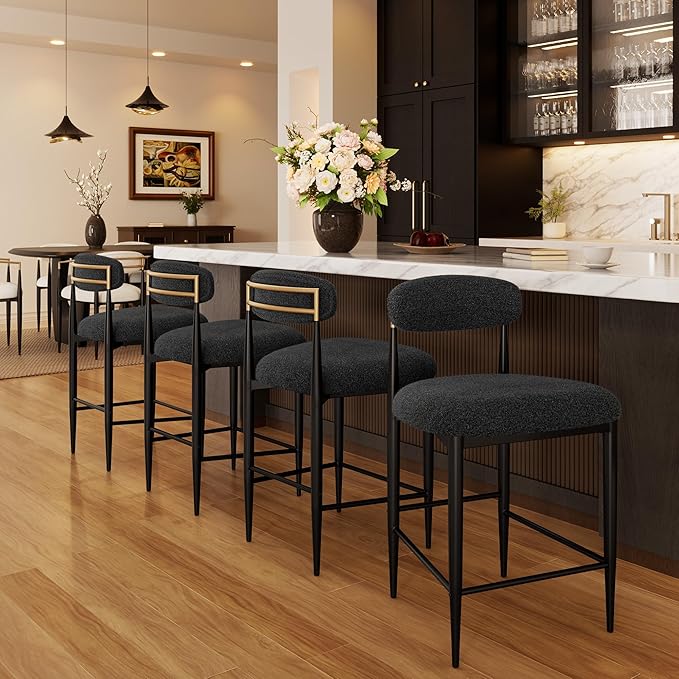 Morden Fort Modern Counter Height Bar Stools Set of 4, Black Upholstered Counter Stools with Gold Accent, 26" Boucle Island Chairs for Kitchen, Dining Room and Bar