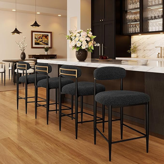 Morden Fort Modern Counter Height Bar Stools Set of 4, Black Upholstered Counter Stools with Gold Accent, 26" Boucle Island Chairs for Kitchen, Dining Room and Bar
