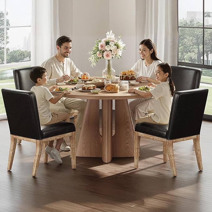 Wooden Dining Chairs Set of 4, Modern Leather Upholstered Dining Room Chair, Kitchen Side Chairs, Farmhouse Dinner Chair with High Back for Kitchen, Black