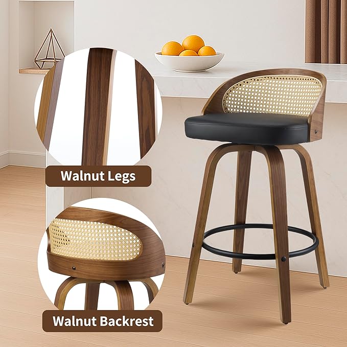 26 inch Swivel Bar Stools with Back, Set of 2 Mid-Century Modern Walnut Barstools, PU Leather Bar Chairs with Footrest for Kitchen Island, Dining, Home Bar - Black