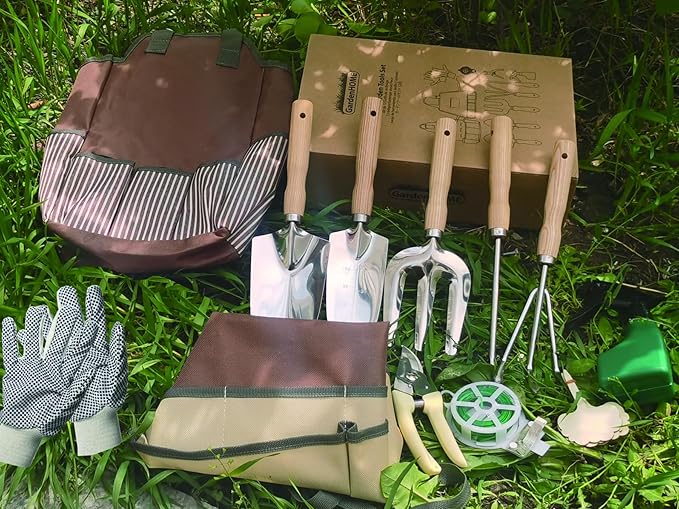 Garden Tools Set, 12 Piece Stainless Steel Hand Tool Kit with Wooden Handle, Heavy Duty Gardening Tools Include Trowel, Spade Shovel, Cultivator, Rake, Shears, Weeder, Gloves with Tool Bag