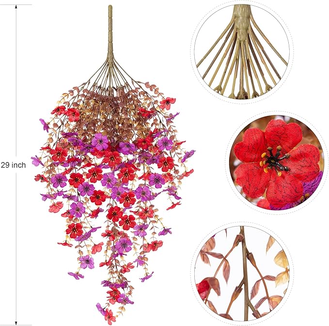 Fall Flowers Artificial for Decoration,Artificial Flowers for Outdoors,Autumn Fake Plants Home Decor Thanksgiving Realistic Silk Daisy,Fall Leaves UV Resistant Garden Courtyard Patio (Red Purple)