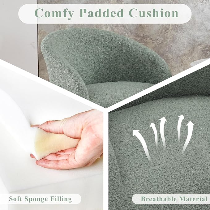 Modern Small Accent Chair Set of 4, Comfy Sherpa Makeup Vanity Chair with Metal Legs, Decorative Dining Chair no Wheels for Living Room, Dressing Room, Bedroom, Green