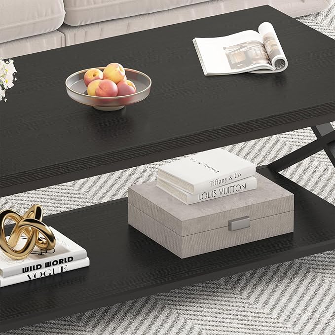 HSH Black Modern Minimalist Metal Wood Living Room Table with Storage Shelf, 39 Inch 2 Tier Rectangle Center Coffee Table