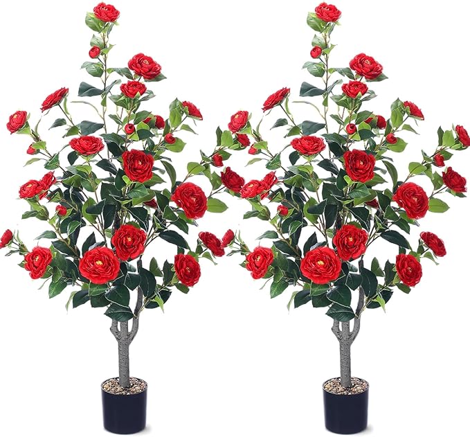 Jexine 2 Pack 40" Artificial Tree with Camellia, Fake Tree with 36 Blooming Flowers, Flower Plants Tree Faux Floral Plant Tree in Cement Pot for Indoor Outdoor Office Home Porch Decor (Red, 40")