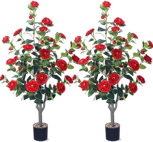 Jexine 2 Pack 40" Artificial Tree with Camellia, Fake Tree with 36 Blooming Flowers, Flower Plants Tree Faux Floral Plant Tree in Cement Pot for Indoor Outdoor Office Home Porch Decor (Red, 40")
