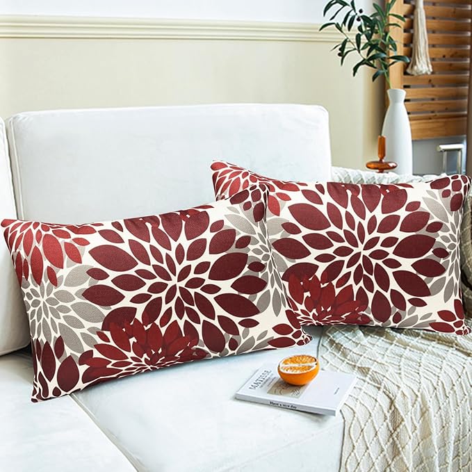 Decorative Throw Pillow Covers Set of 2 Wine Red Pillow Covers 12x20 Inch Couch Pillow Covers for Sofa Living Room Outdoor Throw Pillow Cover Linen Floral Flower Farmhouse Pillowcase
