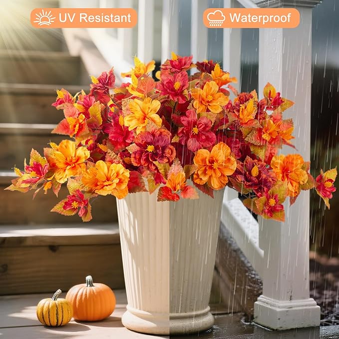 Fake Fall Flowers Artificial for Outdoors Decoration 2PCS Faux Orange Flowers for Outdoor Planters Outside Hibiscus Flower Fall Décor for Home Front Porch Yard Patio