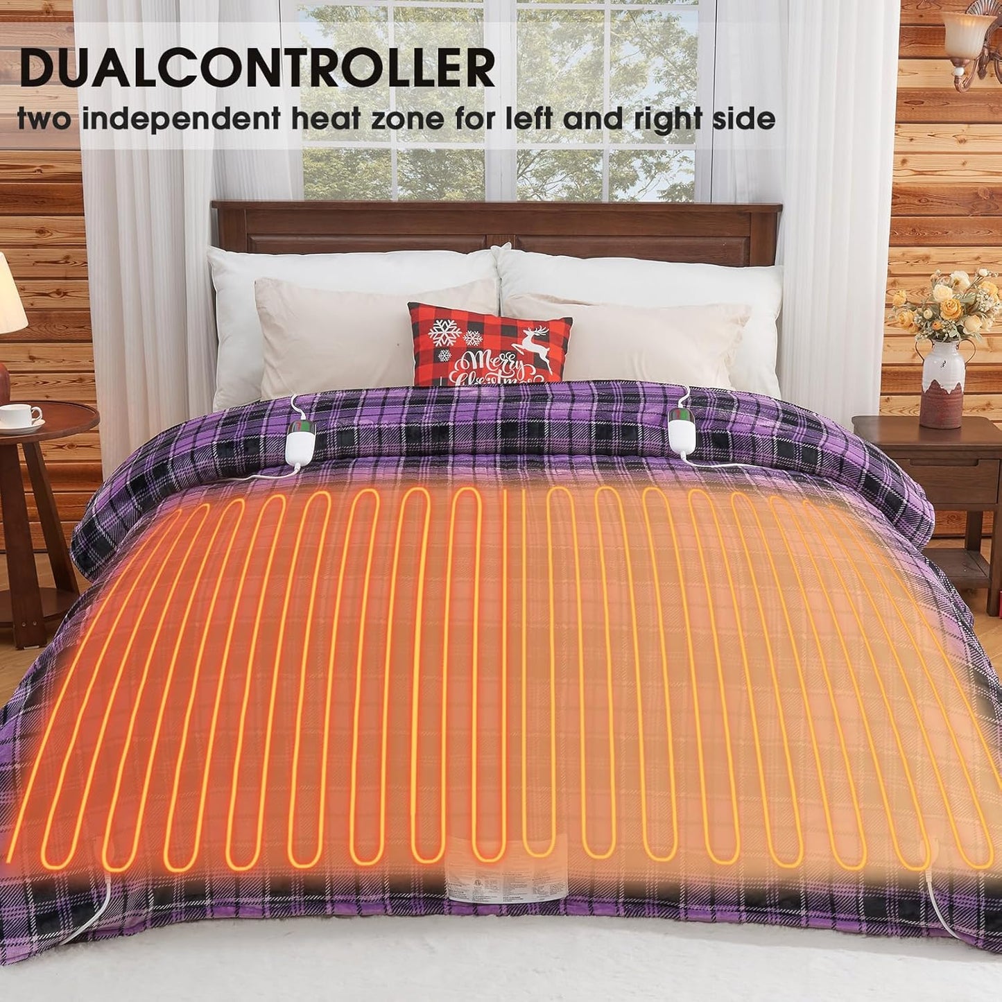 Heated Electric Blanket Queen Size, 84X90 Heating Blanket Queen with Dual Control&10 Heats Levels&Timer for Bed,Purple Plaid Sherpa Soft Blankets Warmer Gift for Grandma Women Adults, Washable,ETL