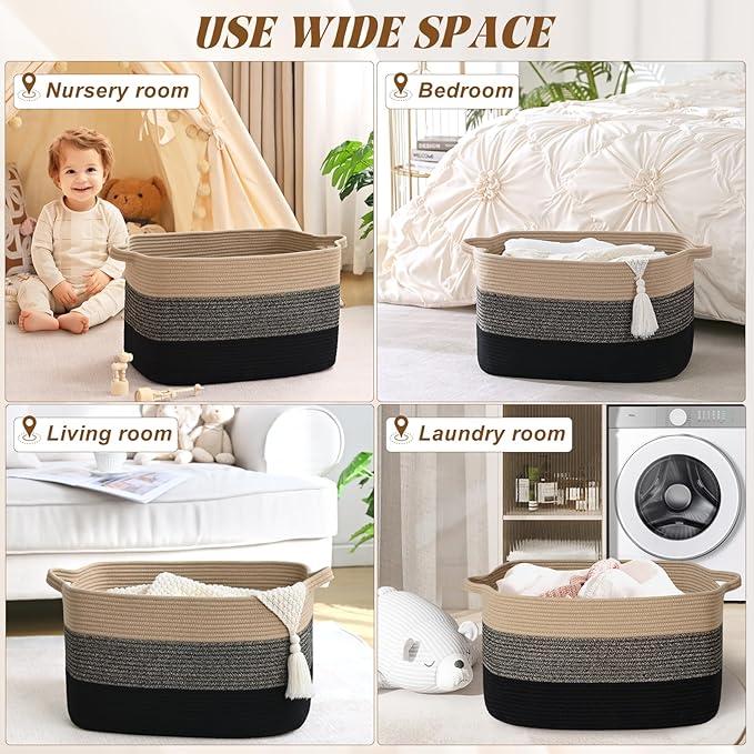 Large Blanket Basket, 60 L Rectangle Storage Baskets for Organizing, Woven Laundry Basket for Blankets, Cotton rope Blanket Storage for Living Room, Nursery Room, Brown&Black