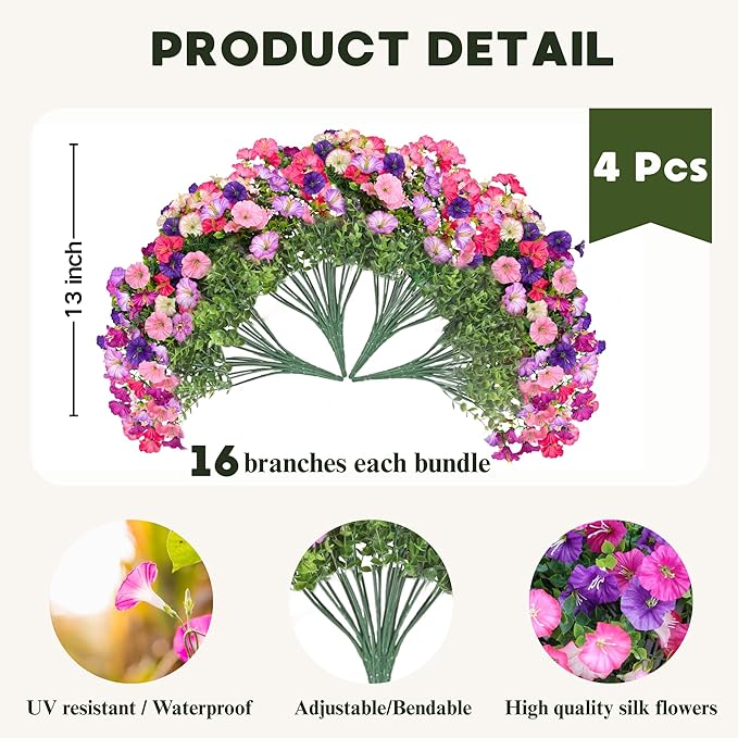7 Color Mix Artificial Flowers for Outdoor, Fake Flowers Faux Plants for Outside Indoor, Summer Decor Morning Glory Petunia UV Resistant, for Garden Porch Window Box Home Planters (Pink Purlpe)