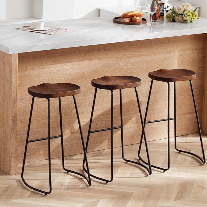 HeuGah Bar Stools Set of 3, Solid Wood Counter Height Bar Stools 30 Inch Saddle Seat Barstool Rustic Tall Bar Height Stool for Kitchen Island with Metal Leg (Walnut, 3 PCS 30Inch Barstool)