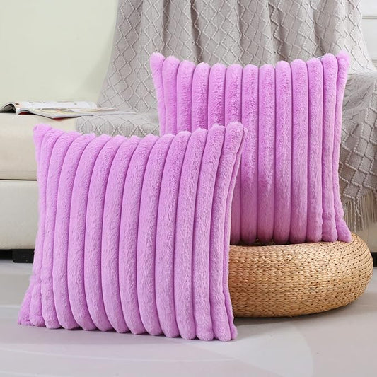 FUTEI Purple Striped Decorative Throw Pillow Covers 20x20 Inch Set of 2,Square Fall Decorations Couch Pillow Case,Soft Cozy Faux Rabbit Fur & Velvet Back,Modern Home Decor for Bed