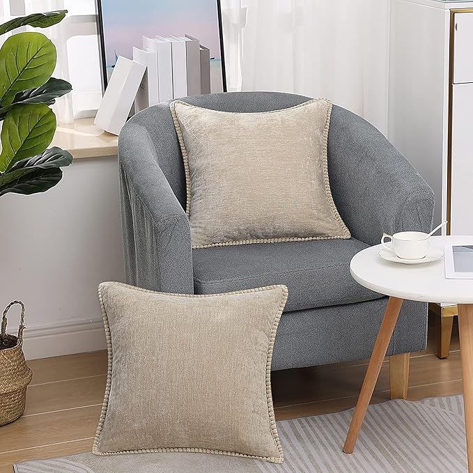 decorUhome Chenille Soft Throw Pillow Covers 16x16 Set of 2, Farmhouse Velvet Neutral Decorative Euro Pillow Covers with Stitched Edge for Couch Sofa Bed Home Decor, Beige