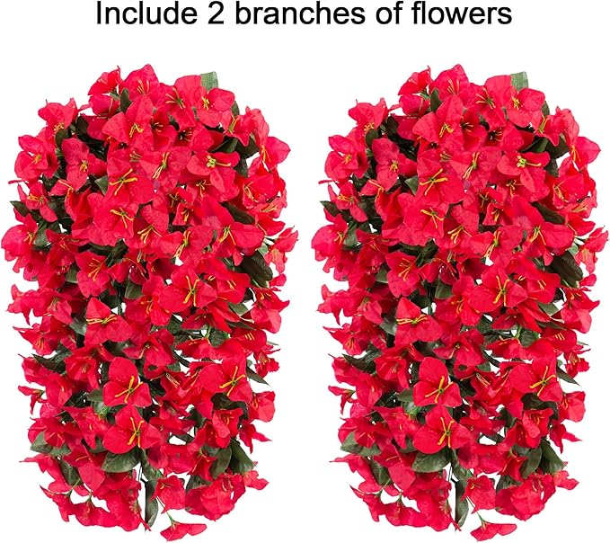 Bougainvillea Artificial Hanging Flowers Plants for Outdoors Decoration, 2pcs Fake Flowers Silk Bougainvillea Vines Realistic UV Resistant Faux Flowers for Outdoor Planters Porch Patio, Red