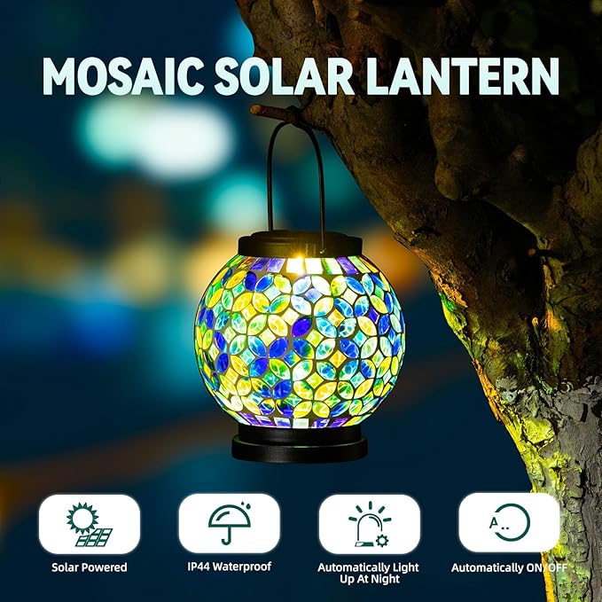 VOREEN Mosaic Solar Lanterns, Handmade Outdoor Glass Hanging Light, Waterproof Solar Table Lamp, Gift for Mom Wife Friend, Decor for Garden, Patio, Yard, Balcony, Green & Yellow, Leaves Pattern