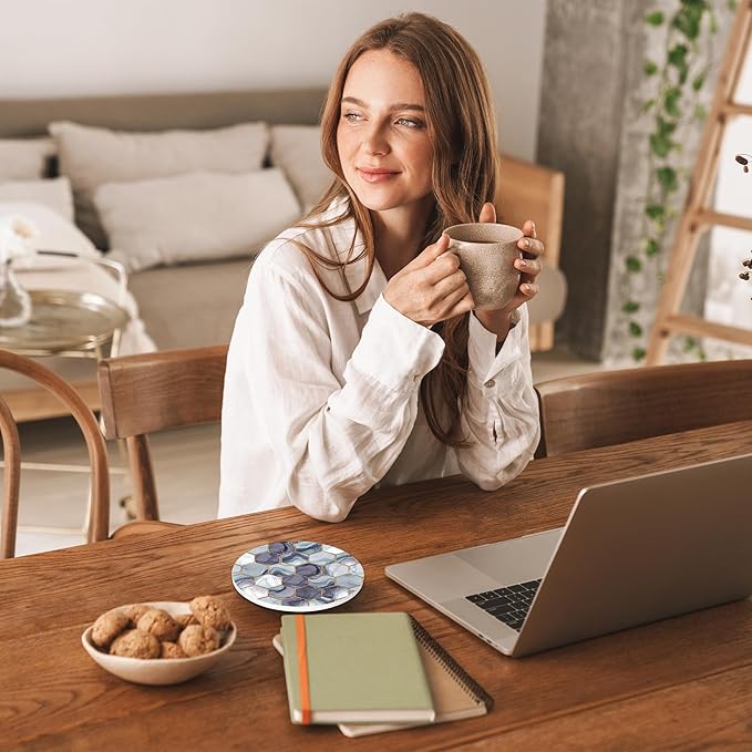 Drinks Coasters Set of 4, Marble Pattern Round 4" Cup Coasters, Absorbent Ceramic Stone Coasters with Cork Base, Cute Coasters for Table Home Décor, Ideal Gifts for Women Men