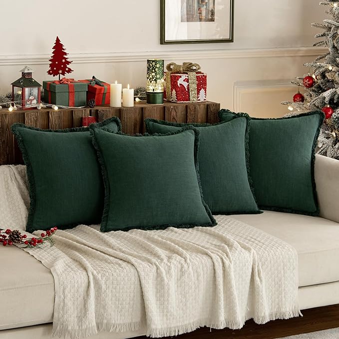 MIULEE Linen Pillow Covers 18x18 Inch Dark Green Decorative Throw Pillows with Fringe Pack of 4 Soft Farmhouse Boho Couch Pillows Home Decors for Sofa Cushion Living Room Bed