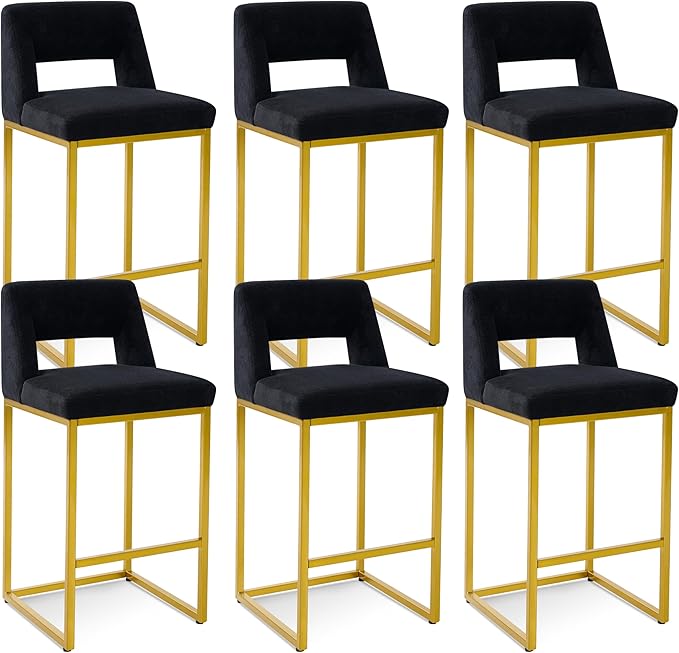 Black and Gold Counter Height Bar Stools Set of 6 for Kitchen Counter Modern Bar Chairs with Backs for Kitchen Island with Upholstered Fabric Seat and Metal Frame, 26 Inch